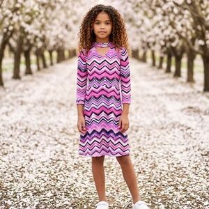 Justice Chevron Stripe Dress Girls 14/16 Pink Black Fit & Flare Jersey Knit XL